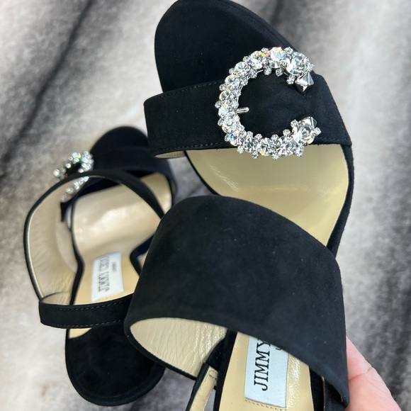 Jimmy Choo Saphie 120 mm Crystal Charm Black Suede Platform Heels - Picture 4 of 10